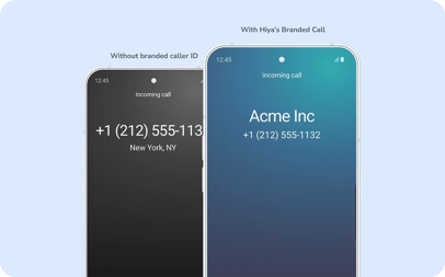 Two phone screens one in front displaying branded caller ID with company name and number, and the black screen behind just shows a number and location.