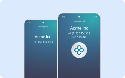 Hiya Branded Call phone screens one in front with the logo, and behind only company name and number