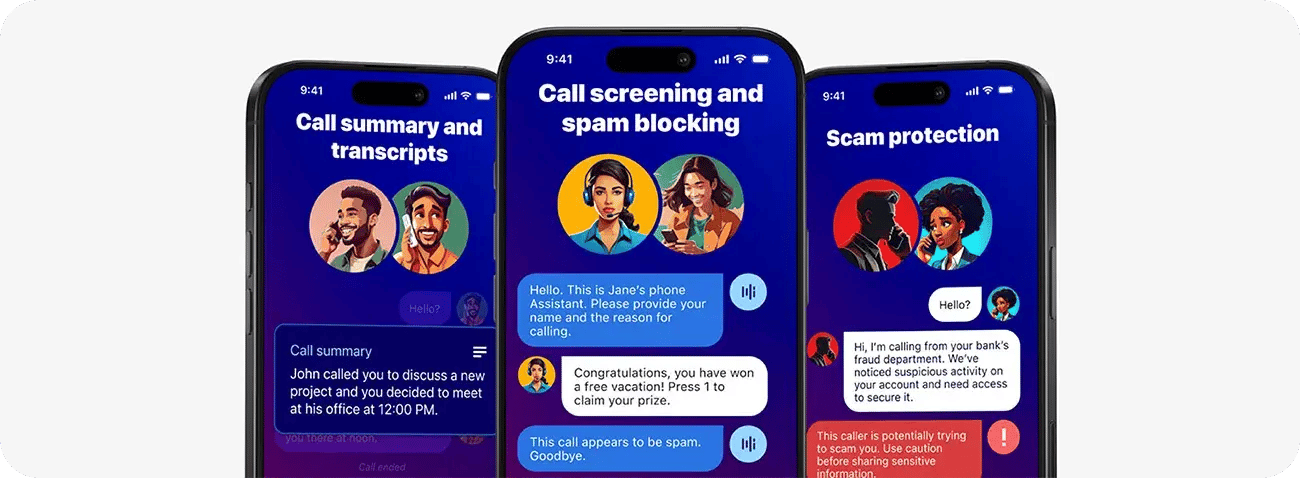 Promotional images of the Hiya AI phone and its many AI features protecting and identifying calls
