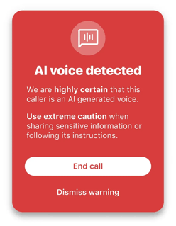 A screen from the Hiya AI Phone app, showing a warning for AI voices detected live on a call.