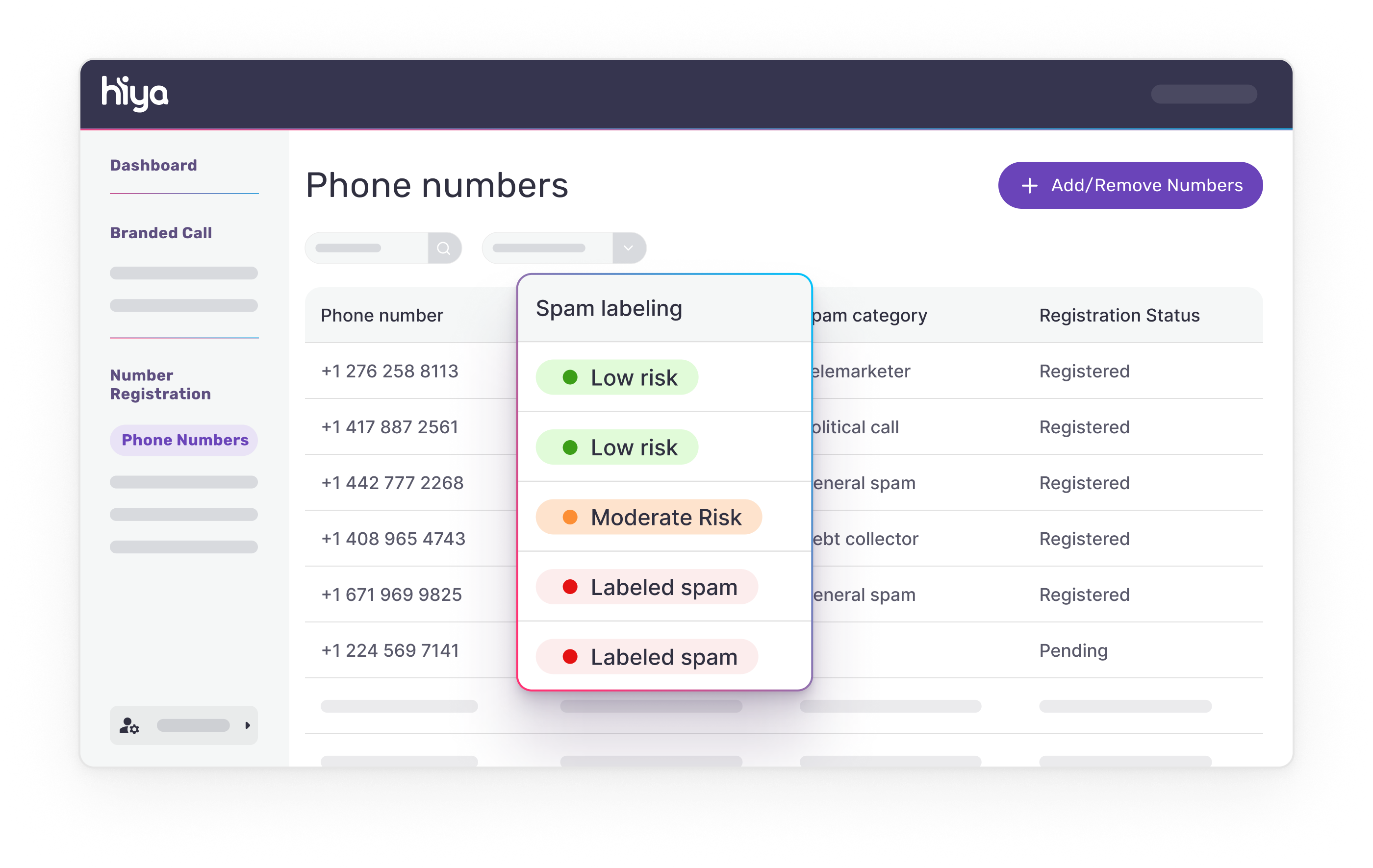 A simplified illustration of the Hiya Console showing the spam labeling column for anyone signed up with Hiya services.