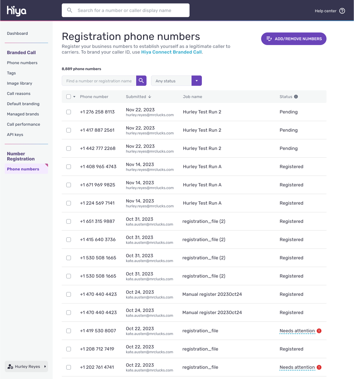 Hiya-console-Number-Registration-dashboard-showing-business-number-status
