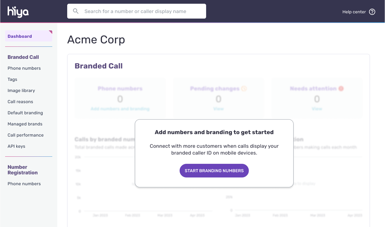 The Hiya Console showing the box to add your business ID and branding to your outbound business numbers