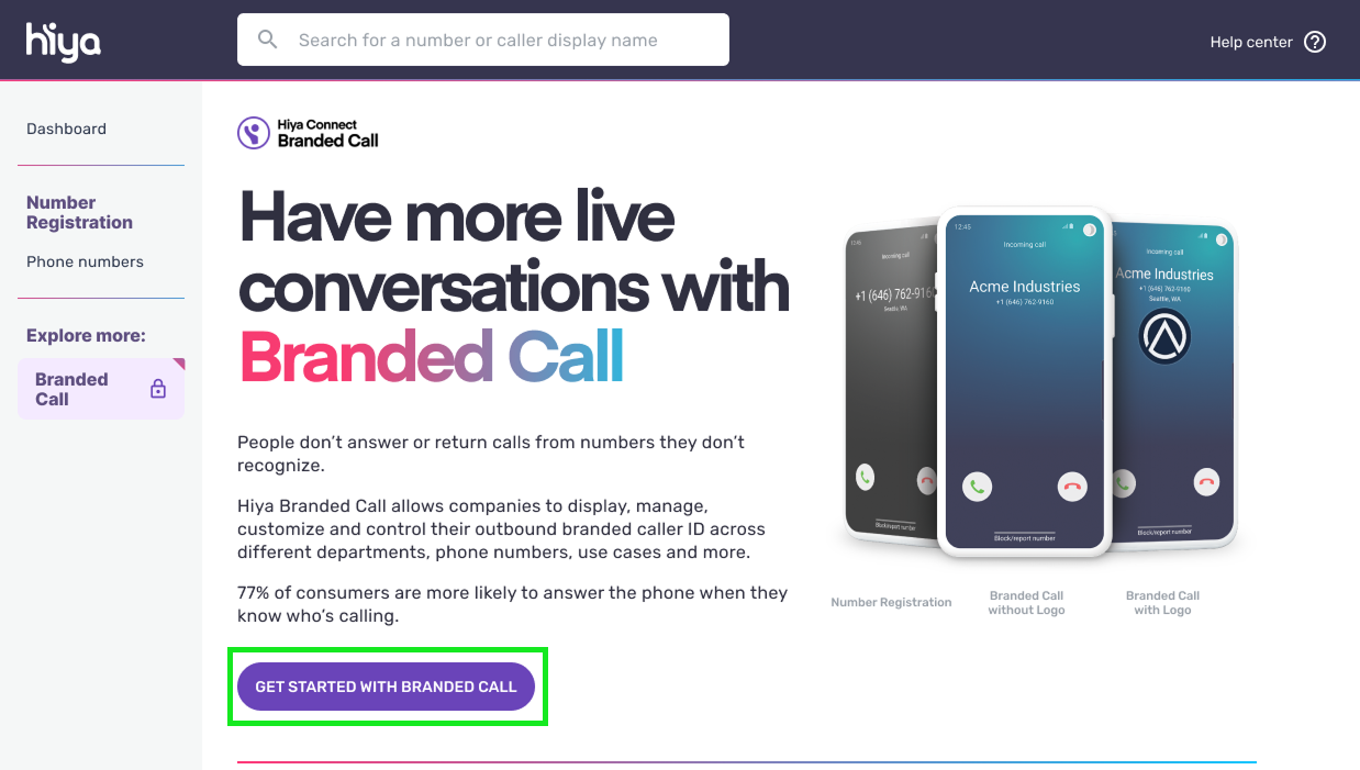 Hiya-registration-console-showing-upsell-to-Branded-Call-1