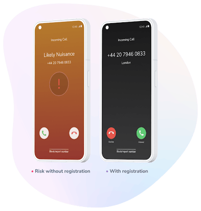 Two phones one on the left showing a Likely Nuisance red screen from a London, UK number and on the right a black phone screen of just a normal London, UK number calling.