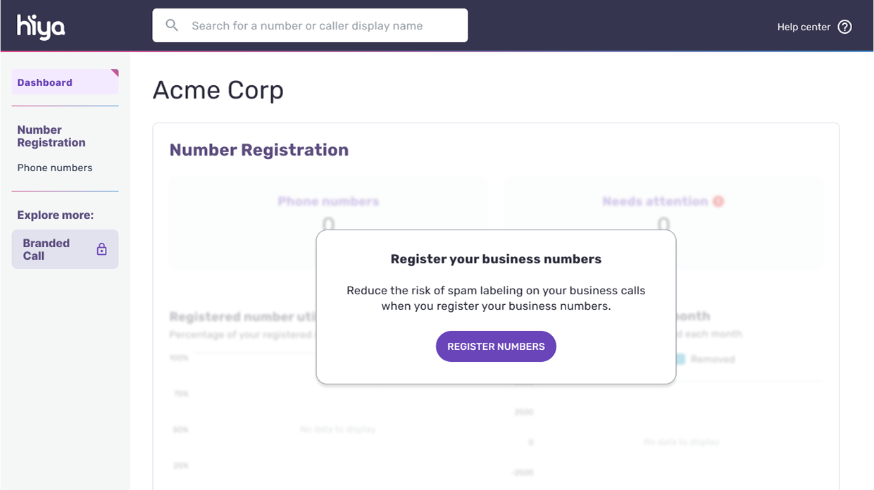 The Register your numbers pop up box in the Hiya Connect Console