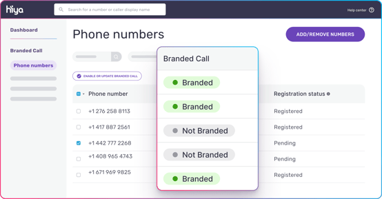 A simplified UI of the Hiya Console showing a column titled: Branded Call indicating which numbers have branding and which do not.