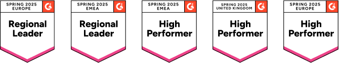Five of the G2 Spring 2025 Badges Hiya earned from left to right: Leader in Europe VoIP, Leader in EMEA VoIP, High Performer in EMEA Contact Center QA, High Performer in UK for VoIP, and High Performer in Europe for Contact Center QA