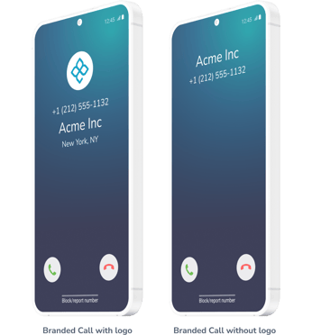 Two phones with screens showing a Branded Call incoming and one has a logo along with the company name, and one just has company name