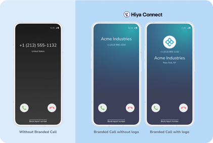 3 mobile phones side by side showing caller ids without Branded Call and with Branded Call showing a visible branding difference