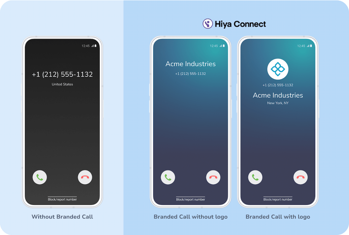 3 mobile phones side by side showing caller ids without Branded Call and with Branded Call showing a visible branding difference