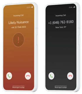 Two mobile phones side by side, the left screen showing an Likely Nuisance (Likely Spam) label for the incoming call, and the right just the normal call with no branding