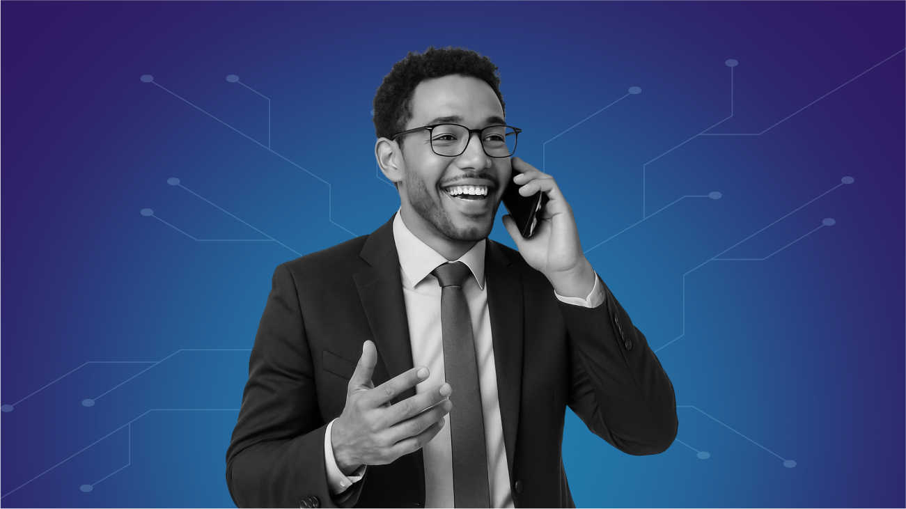 Man happily having a conversation on his mobile phone with blue purple gradient background