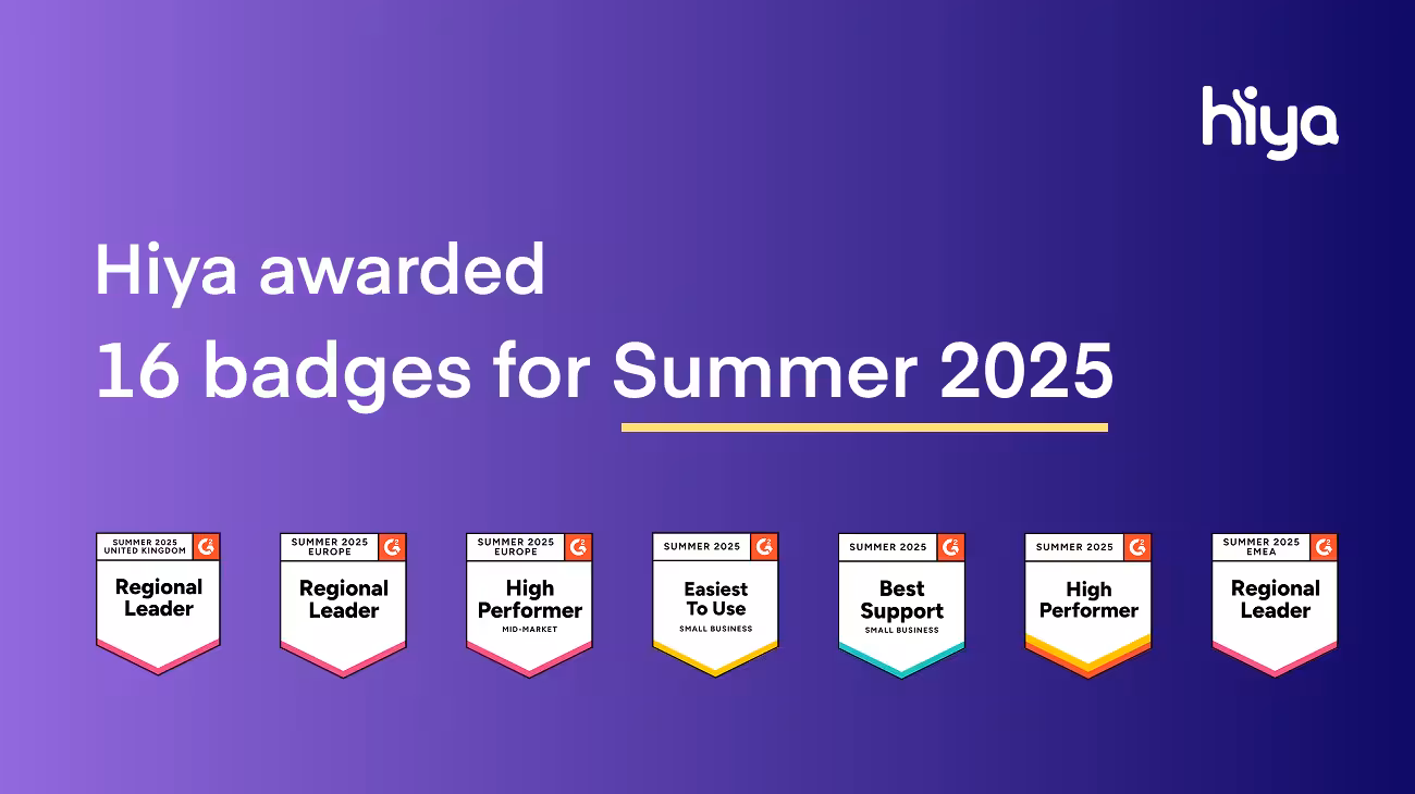 Purple background with text "Hiya awarded 16 badges for Summer 2025" and there are seven G2 badges displayed