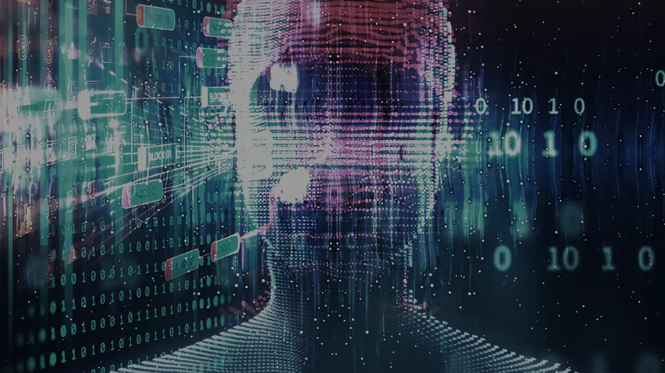 A sci-fi background with a ghostly or transparent human-like head appearing in the middle with computer code in the background