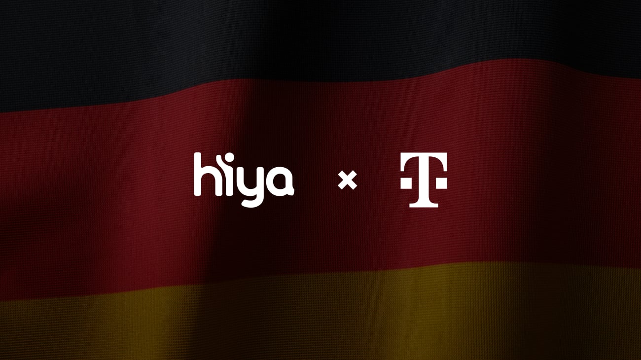 Hiya and Deutsche Telekom logos in partnership on a German flag background