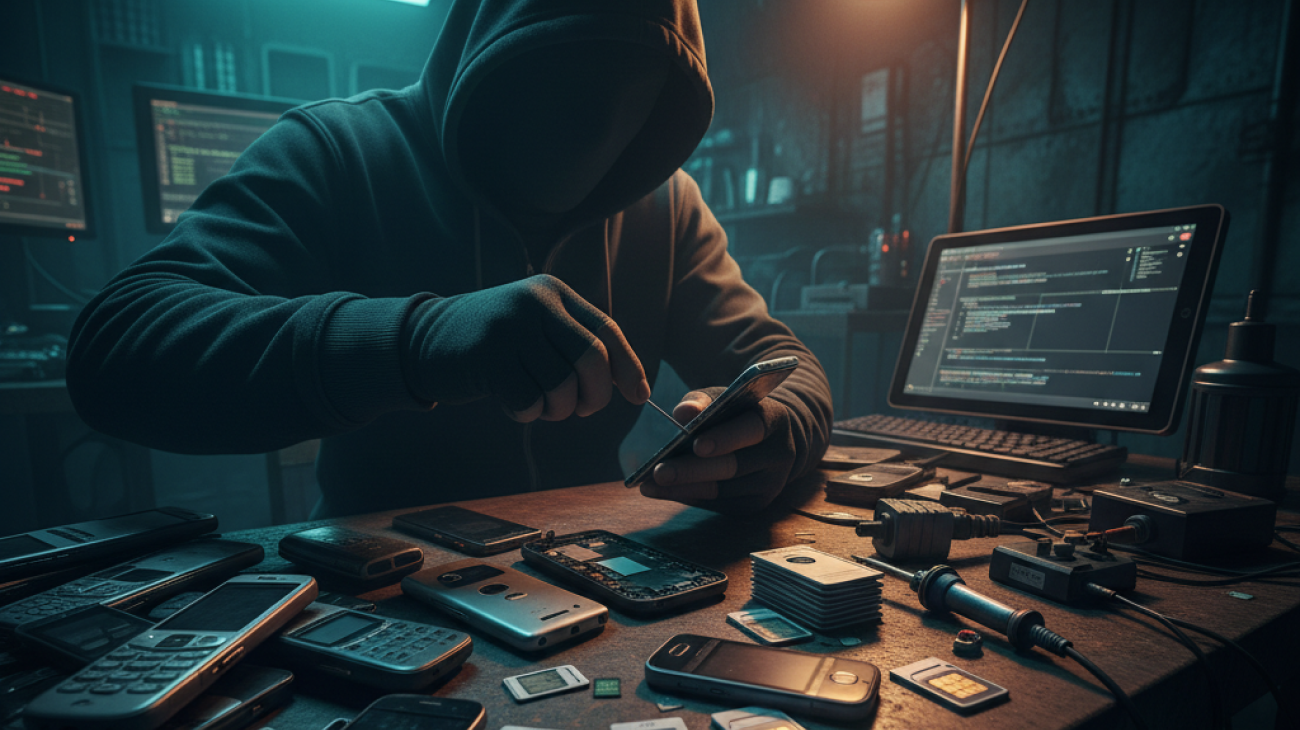 A bad actor in a dark room with dark clothes on and many phones and SIM cards around them