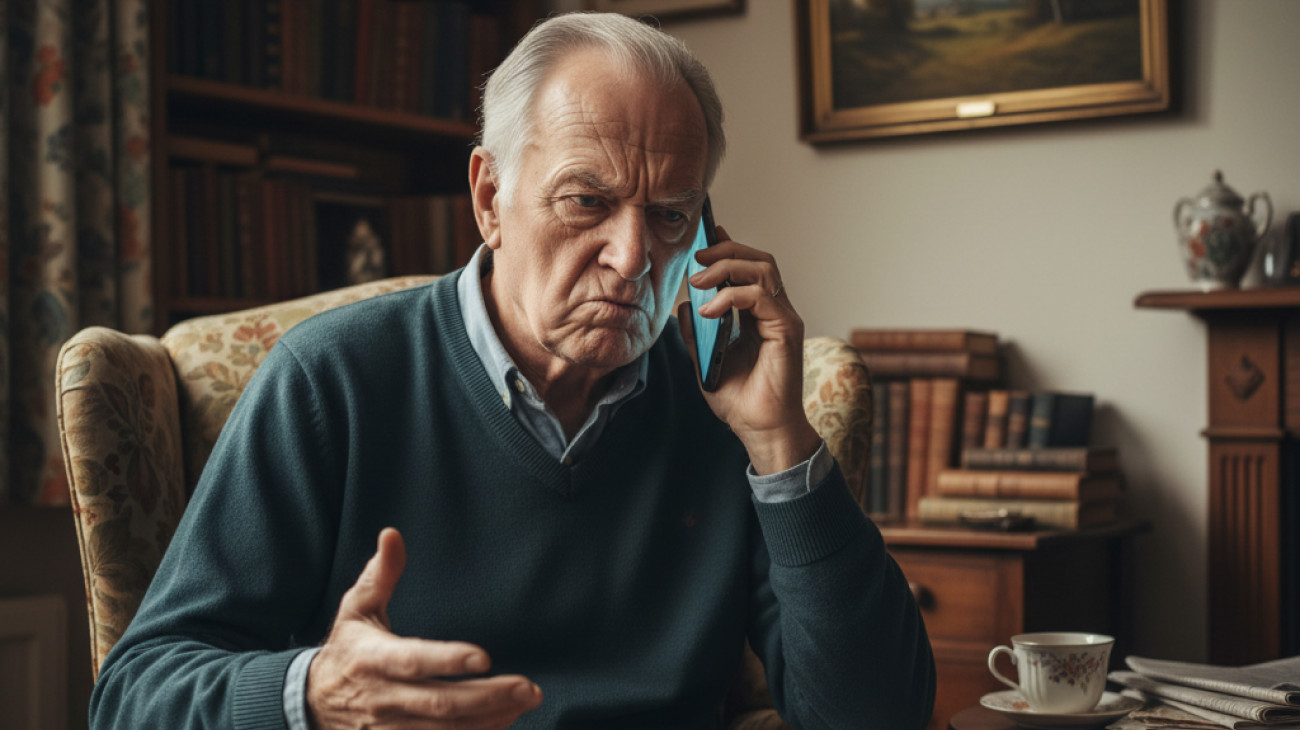 an older British man upset from a scam call on his mobile phone, Hiya stops spam and scam calls
